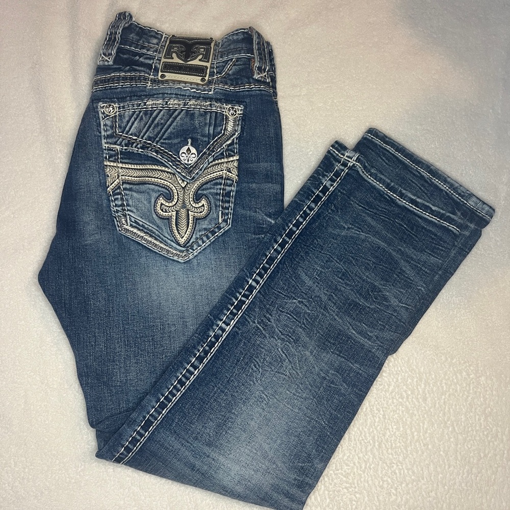 Rock Revival Men's Medium Blue Embroidered Pocket Relaxed Jeans